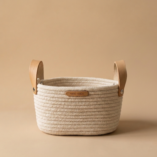 Cesto ovalado con manijas de cuero 22x12x12