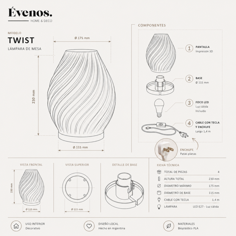 Lampara de mesa Velador Twist