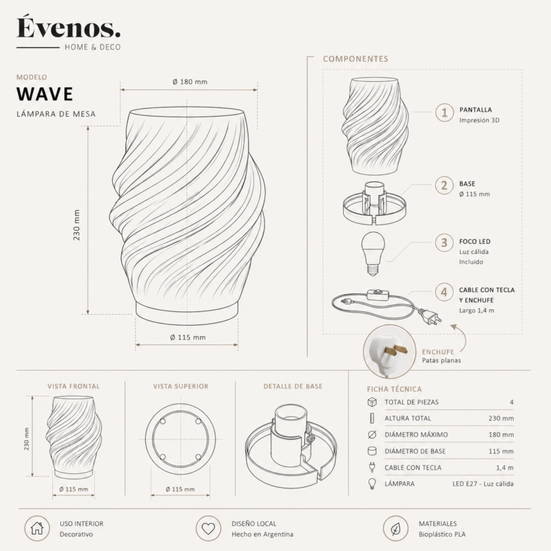 Lampara de mesa Velador Wave