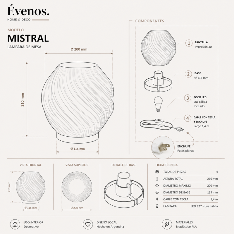 Lampara de mesa Velador Mistral