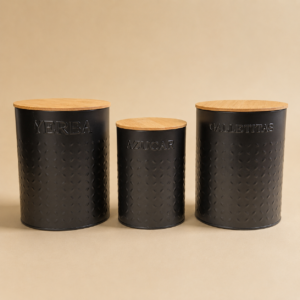 Set X3 latas Yerba, Azucar y Galletitas con cierre hermético y tapa de bambú 18x14 (2,6 L) - 15x11 (1,4 L)