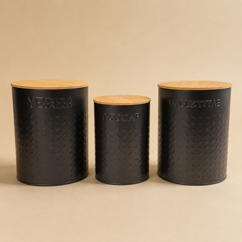 Set X3 latas Yerba, Azucar y Galletitas con cierre hermético y tapa de bambú 18x14 (2,6 L) - 15x11 (1,4 L)