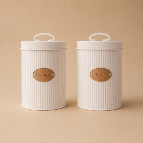 Set X2 latas vintage Yerba, Azucar y Galletitas color blanco + cuero 18x14 (2,6 L)