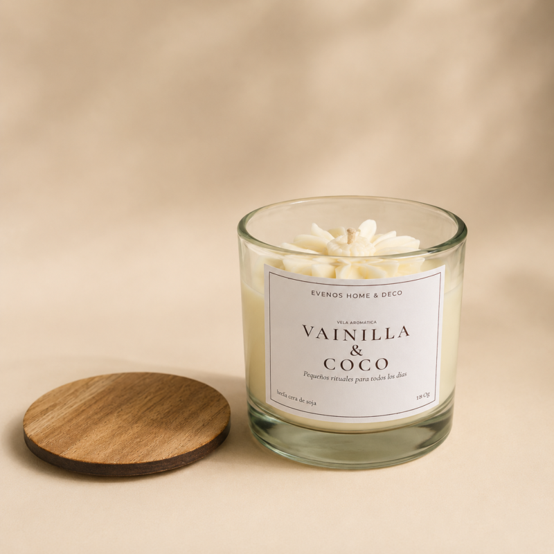 Vela de soja Tennesse transparente Vainilla y Coco - Flor margarita