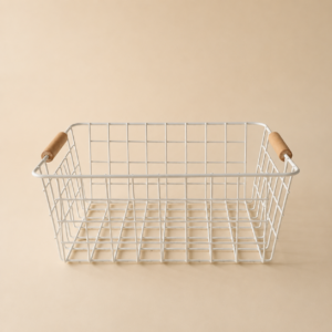 Canasto organizador de alambre y manijas de bambú 29x21x12 cm- blanco