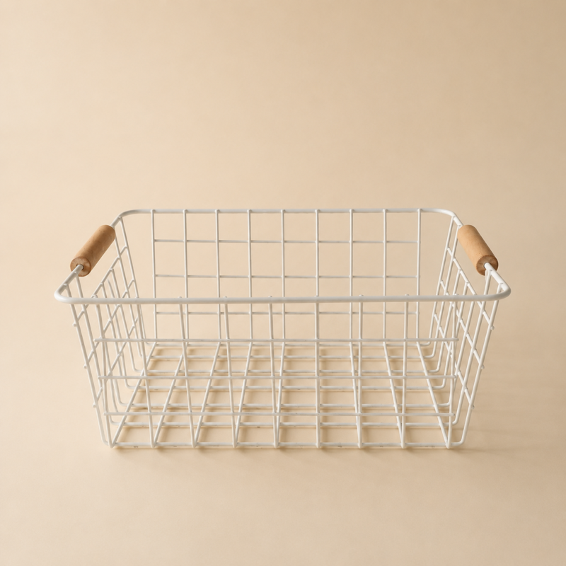 Canasto organizador de alambre y manijas de bambú 29x21x12 cm- blanco