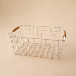 Canasto organizador de alambre y manijas de bambú 29x21x12 cm- blanco