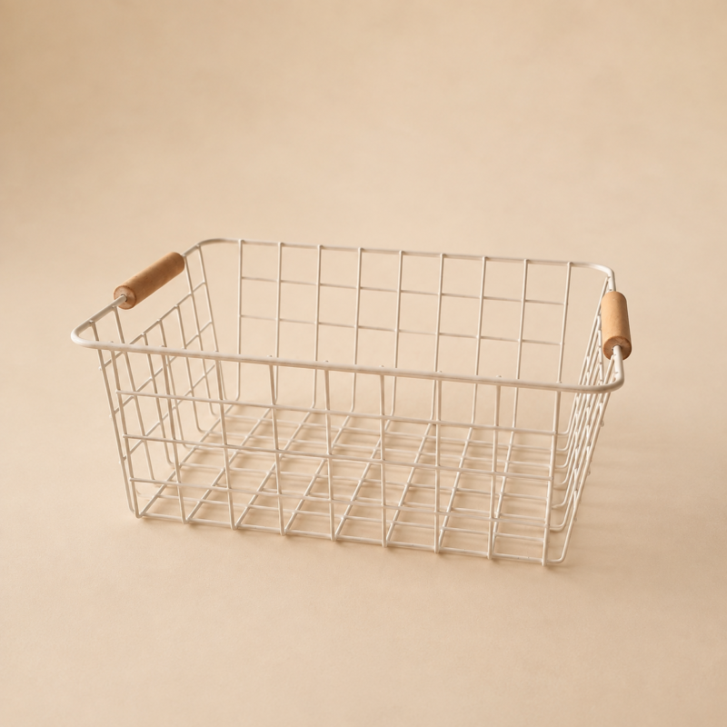 Canasto organizador de alambre y manijas de bambú 29x21x12 cm- blanco