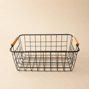 Canasto organizador de alambre y manijas de bambú 29x21x12 - negro