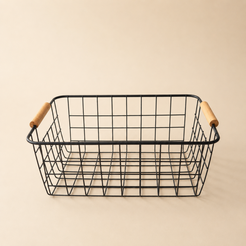 Canasto organizador de alambre y manijas de bambú 29x21x12 - negro