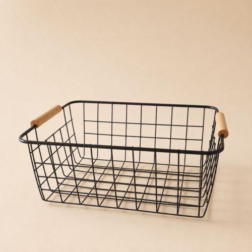 Canasto organizador de alambre y manijas de bambú 29x21x12 - negro