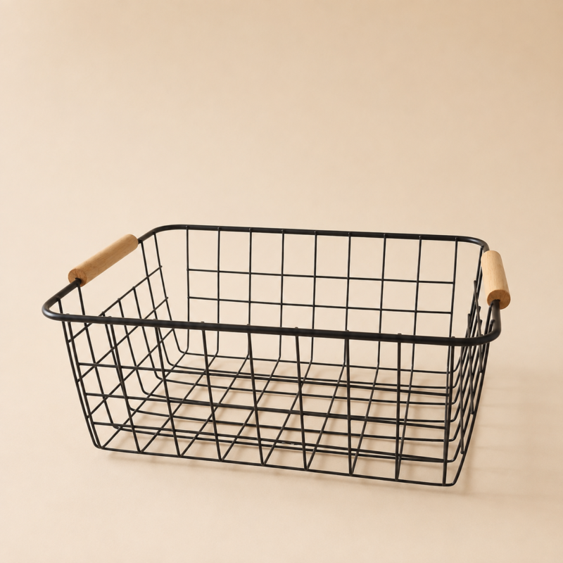 Canasto organizador de alambre y manijas de bambú 29x21x12 - negro