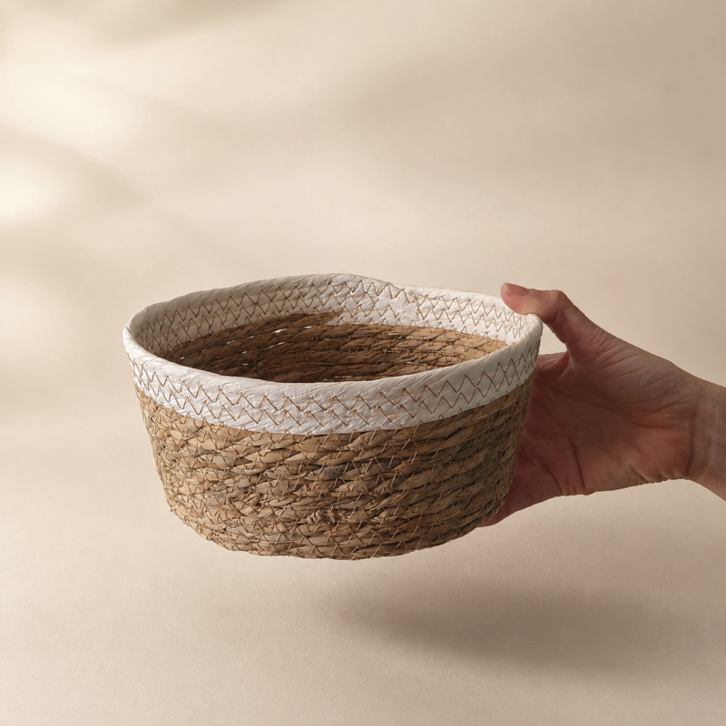 Cesto panera seagrass con borde blanco 21x10