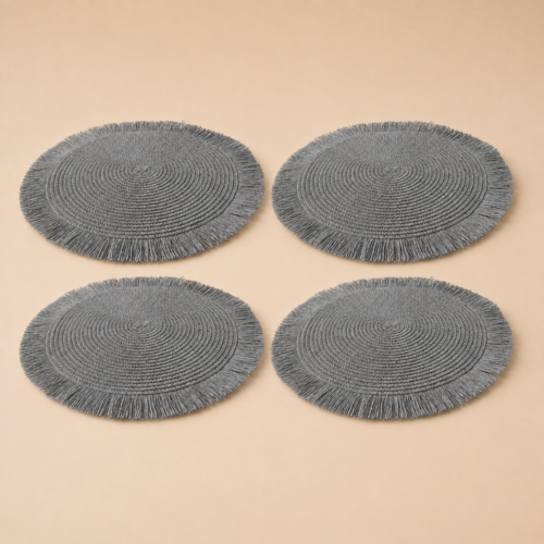 Set x4 individuales redondos PVC flecos gris de 36 cm