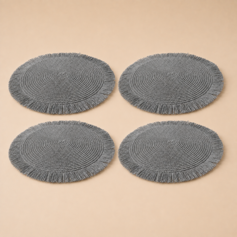 Set x4 individuales redondos PVC flecos gris de 36 cm