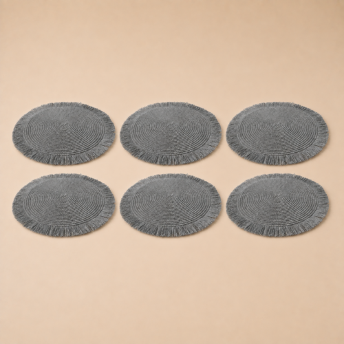 Set x6 individuales redondos PVC flecos gris de 36 cm