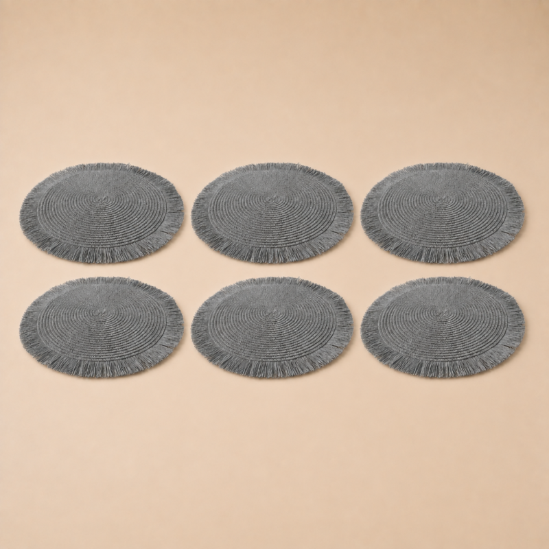 Set x6 individuales redondos PVC flecos gris de 36 cm