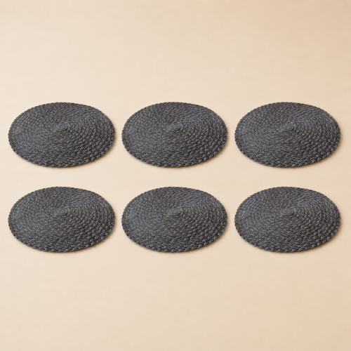 Set x6 individuales redondos PVC trenzado gris de 36 cm