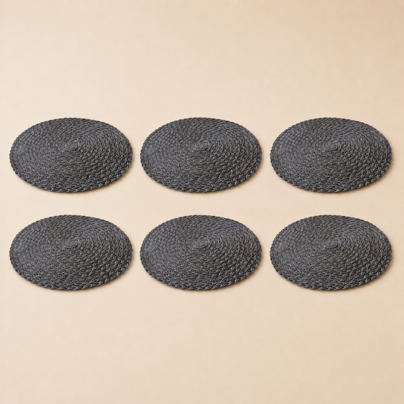 Set x6 individuales redondos PVC trenzado gris de 36 cm