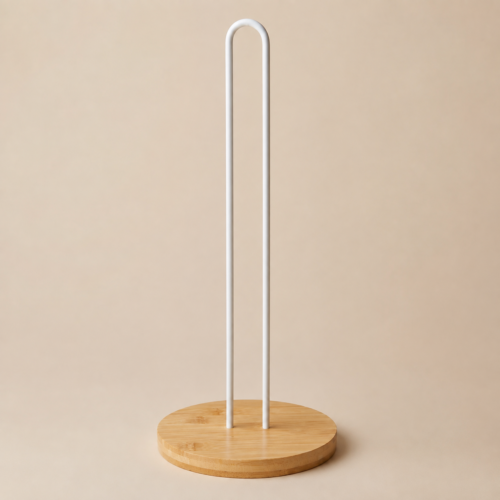 Porta rollo servilletero de cocina con base de bambú 33x15 cm - Blanco