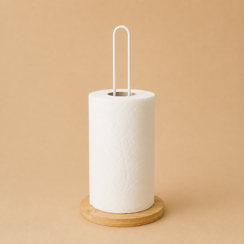 Porta rollo servilletero de cocina con base de bambú 33x15 cm - Blanco