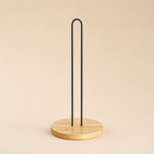 Porta rollo servilletero de cocina con base de bambú 33x15 cm - Negro