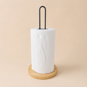 Porta rollo servilletero de cocina con base de bambú 33x15 cm - Negro