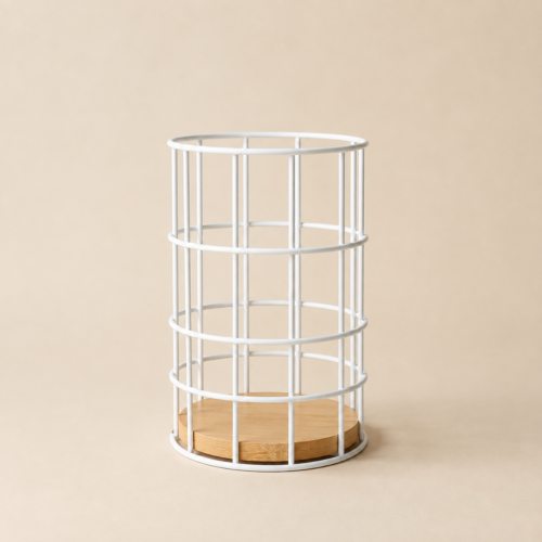 Porta utensillos con base de bambú de 17x11,5 cm - Blanco