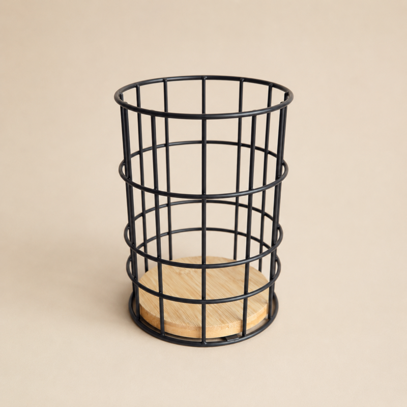 Porta utensillos con base de bambú de 17x11,5 cm - Negro