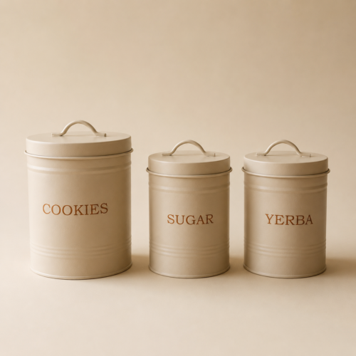 Set X3 latas vintage Yerba, Azucar y Cookies color crema 18x14 (2,6 L) - 15x11 (1,4 L)
